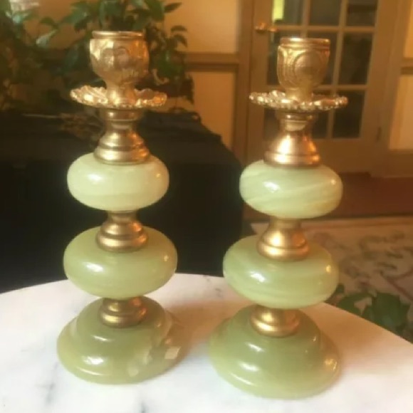 Antique Victorian Marble and Gold Candlesticks - Picture 1 of 8
